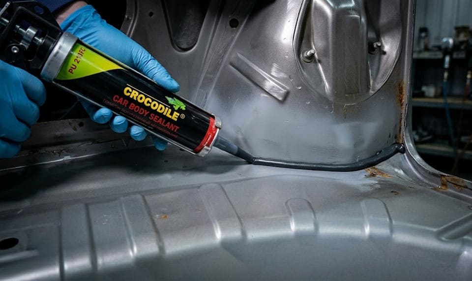 applying-sealant-to-the-car-body Нанесение шовного герметика Crocodile